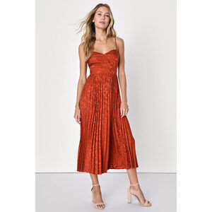 Lulus Regal Romance Rust Floral Jacquard Pleated Satin Midi Dress Orange